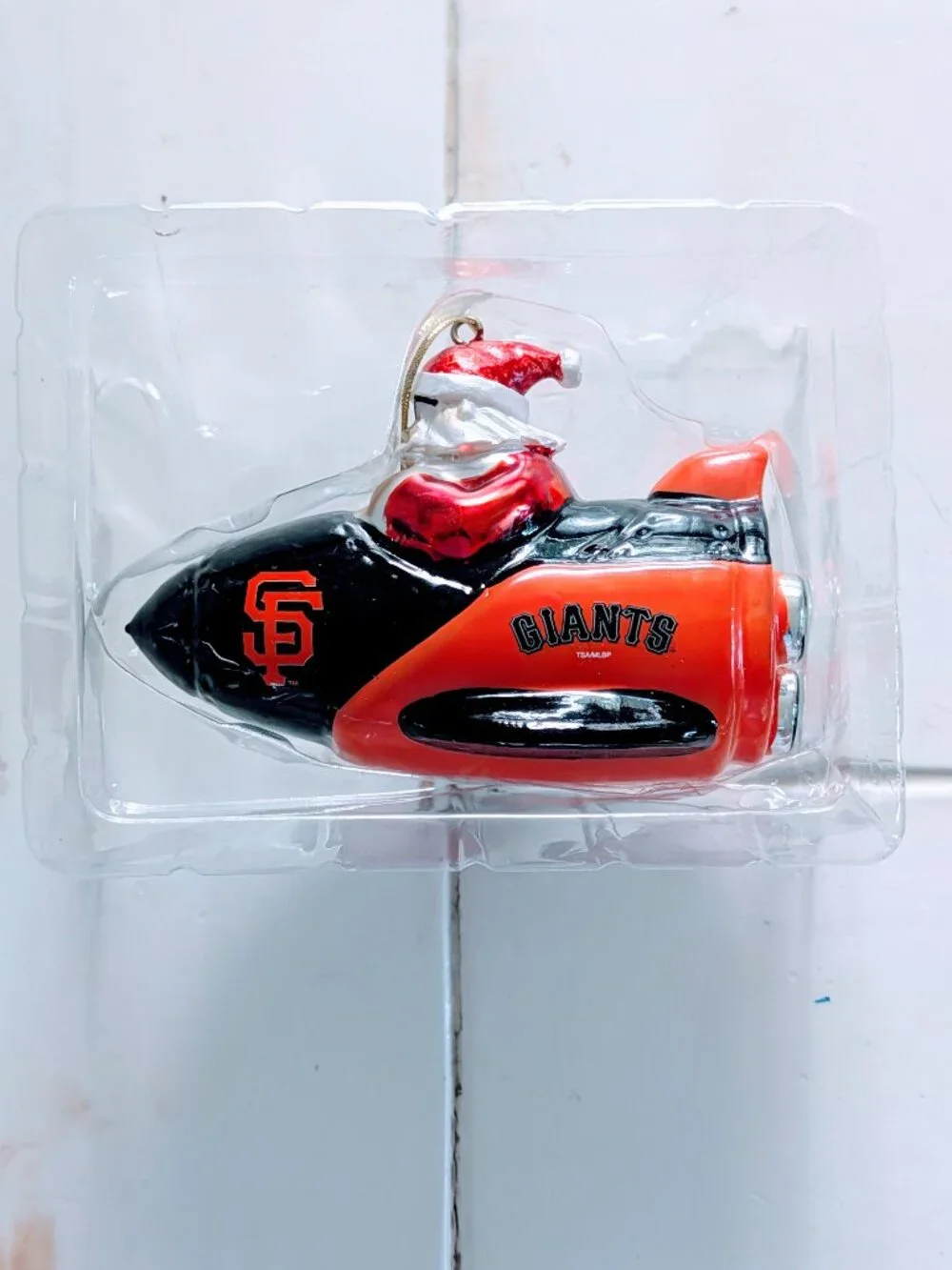San Francisco Giants MLB Blown Glass Rocket Ship Christmas Ornament Santa NIB